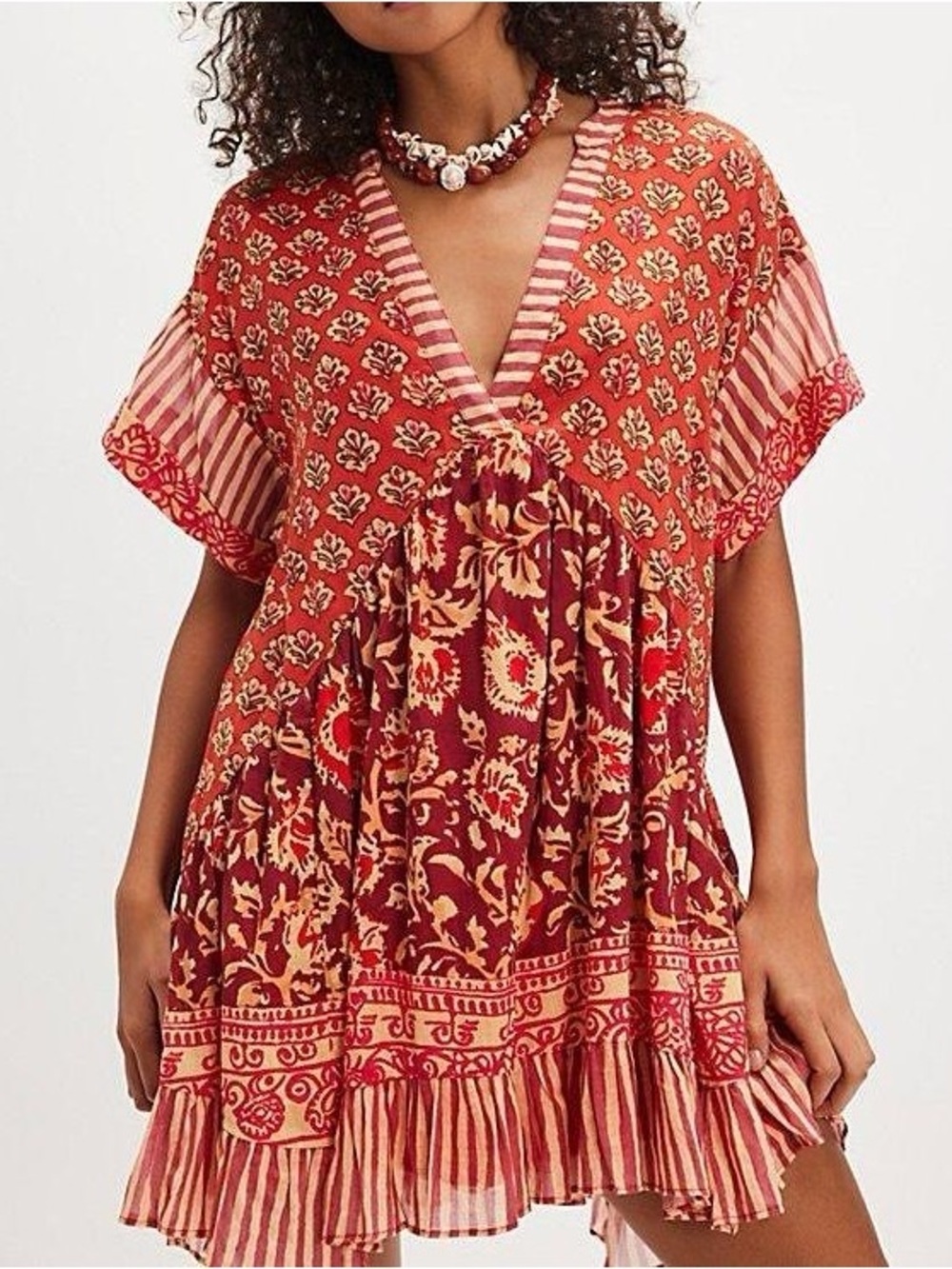 Free People Printed Agnes Dress Red Mixed Print Mini Dress Size M